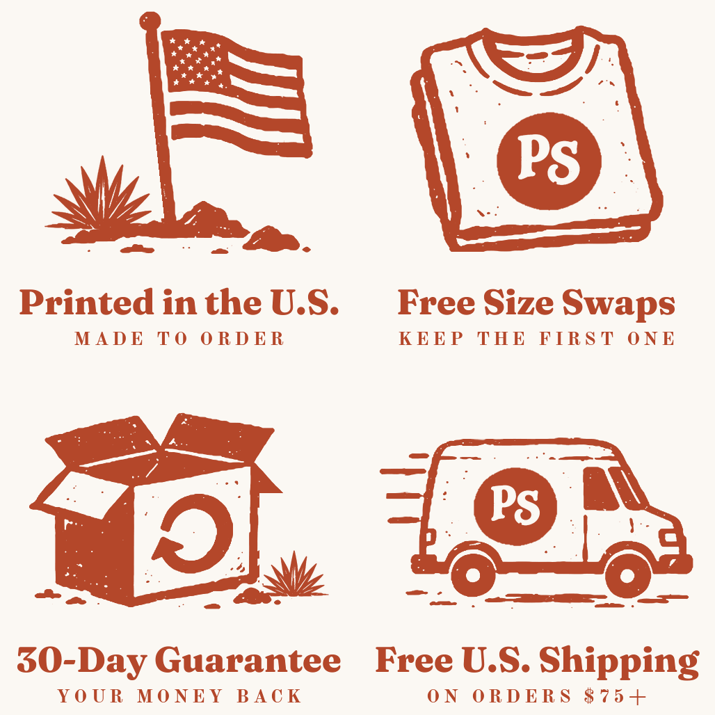 Printed in the U.S., free size swaps, 30-day guarantee, free U.S. shipping on orders $75+