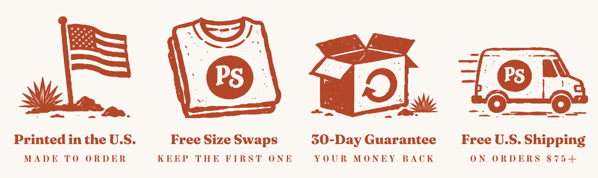 Printed in the U.S., free size swaps, 30-day money-back guarantee, free U.S. shipping on orders $75+